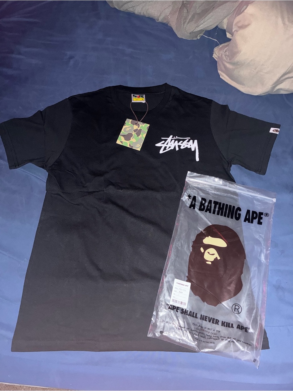 Stussy Black Short-Sleeve Tee with White Script Logo
